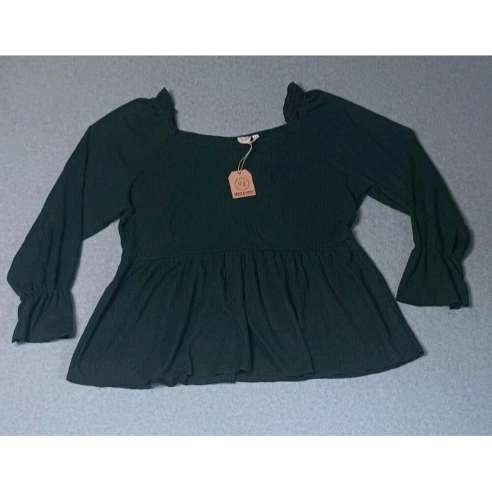 NWT! Grace Emma Long Sleeve Square Neck Ruffled Peplum Blouse 2XL Green Peasant